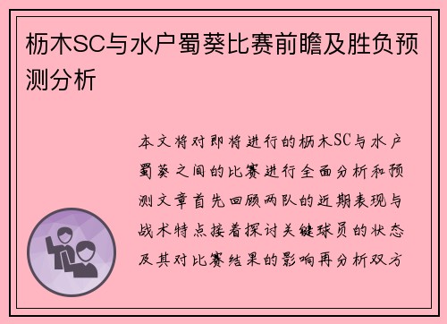 枥木SC与水户蜀葵比赛前瞻及胜负预测分析